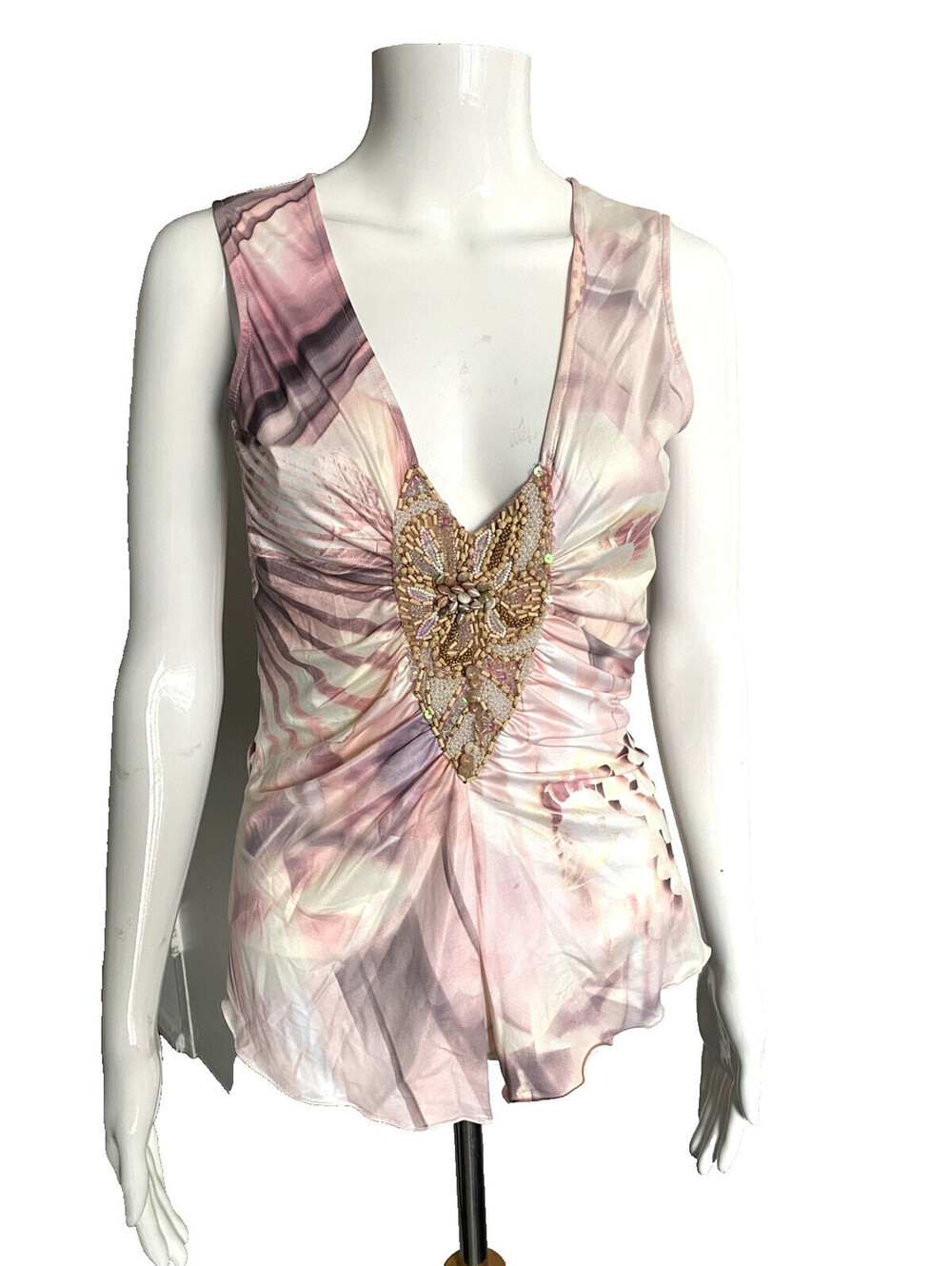 Roberta Scarpa Shell Applique V-neck Top US-4/6 Stretchy Italy